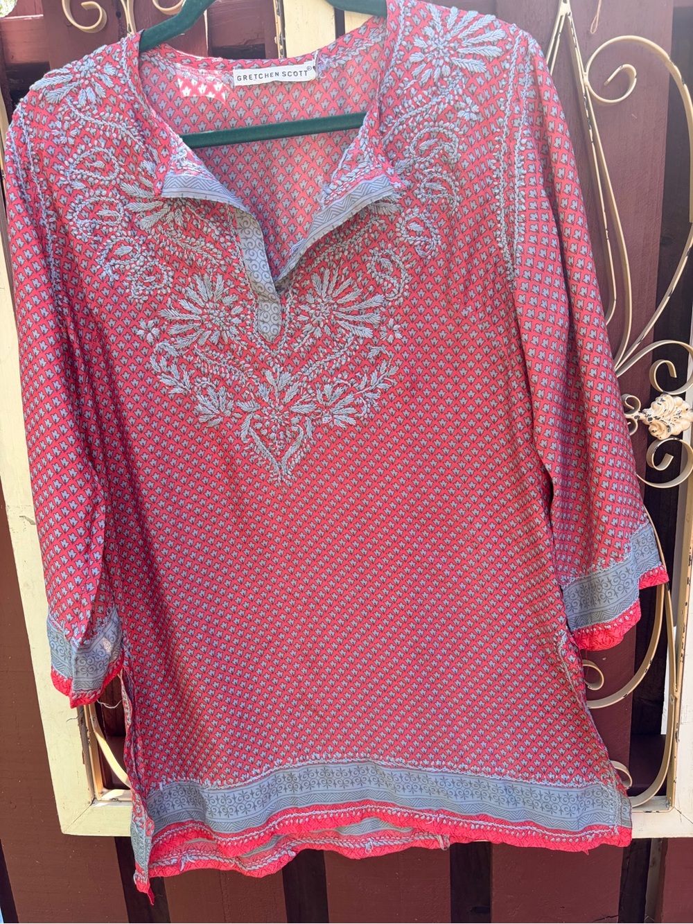 Gretchen Scott Designs Coral Tunic with Light Blue Embroidery